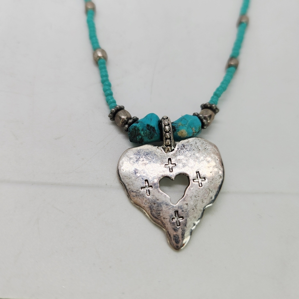 Vintage C Stein Heart W Stamped Cross Pendant Turquoise Bead Necklace Southwest - Picture 2 of 6